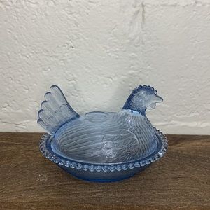 Vintage Indiana Ice Blue Glass Hen on Nest Covered Candy Dish